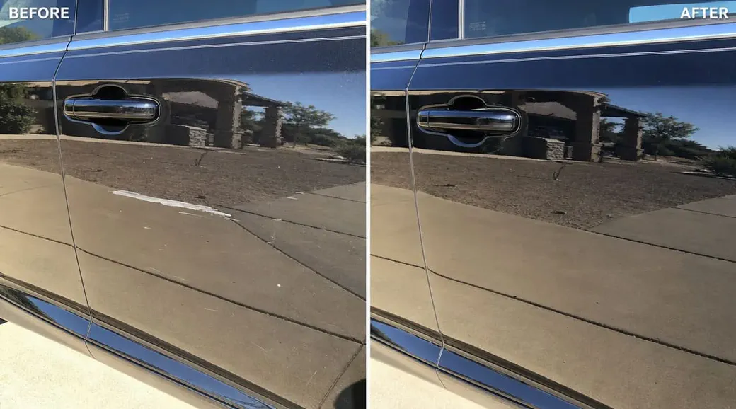 Deep scratch on car door - before and after